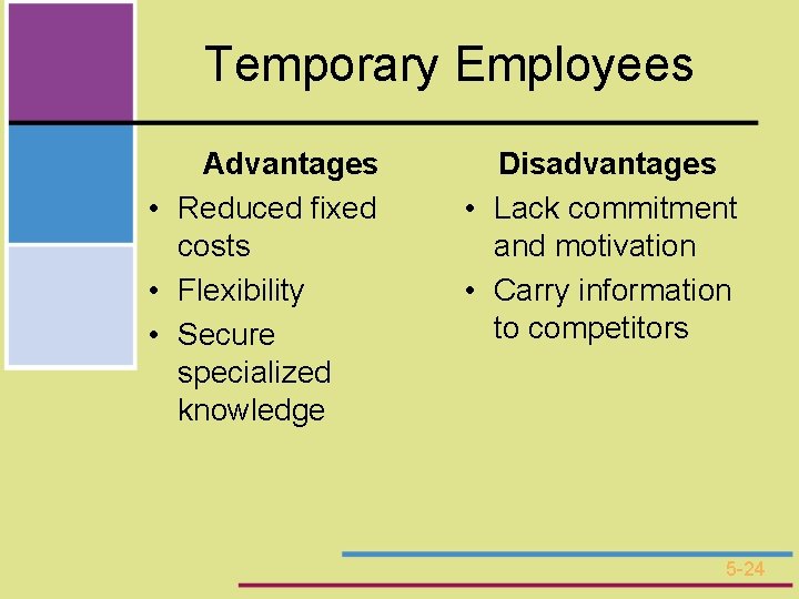 Temporary Employees Advantages • Reduced fixed costs • Flexibility • Secure specialized knowledge Disadvantages