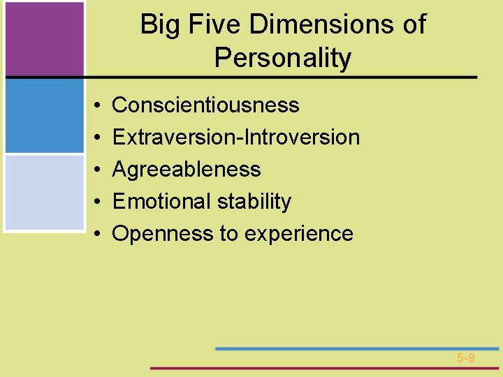 Big Five Dimensions of Personality • • • Conscientiousness Extraversion-Introversion Agreeableness Emotional stability Openness