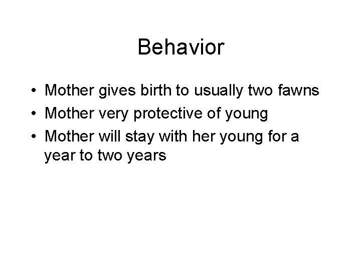 Behavior • Mother gives birth to usually two fawns • Mother very protective of