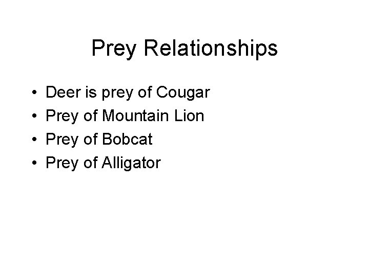 Prey Relationships • • Deer is prey of Cougar Prey of Mountain Lion Prey