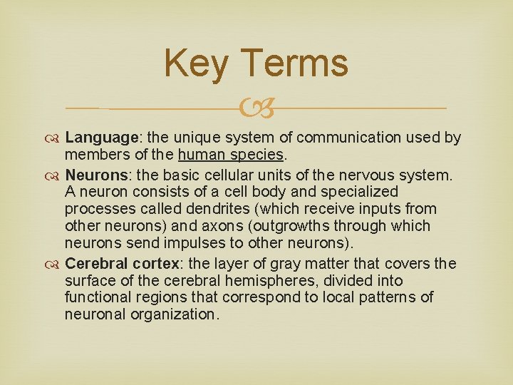 Key Terms Language: the unique system of communication used by members of the human