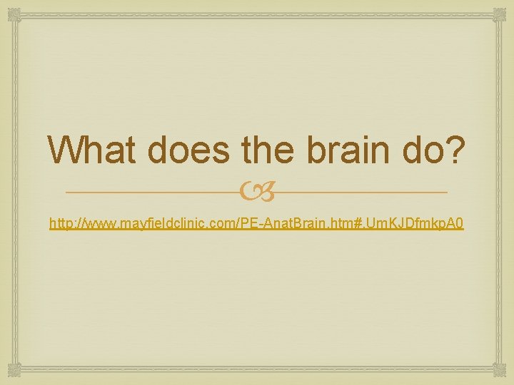 What does the brain do? http: //www. mayfieldclinic. com/PE-Anat. Brain. htm#. Um. KJDfmkp. A