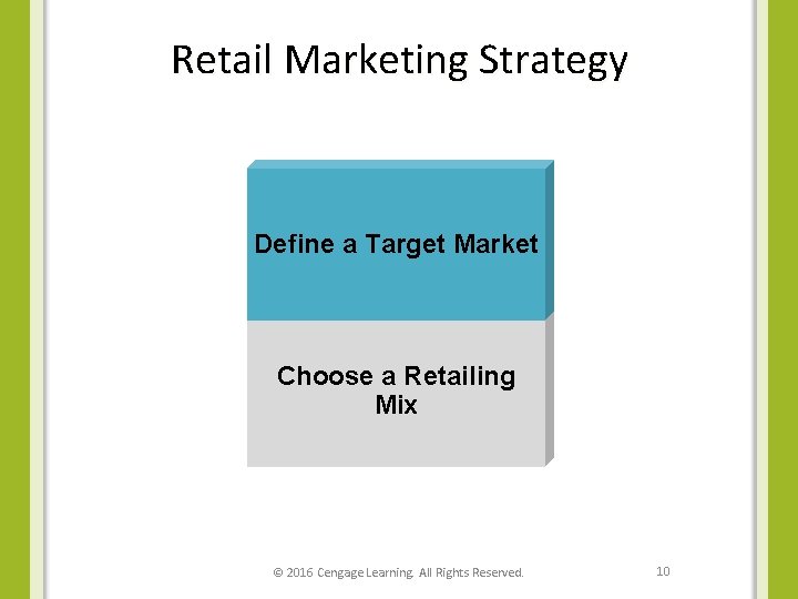 Retail Marketing Strategy Define a Target Market Choose a Retailing Mix © 2016 Cengage