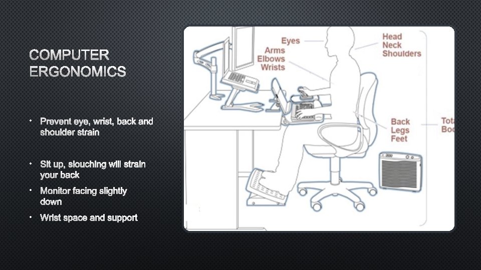 COMPUTER ERGONOMICS • PREVENT EYE, WRIST, BACK AND SHOULDER STRAIN • SIT UP, SLOUCHING