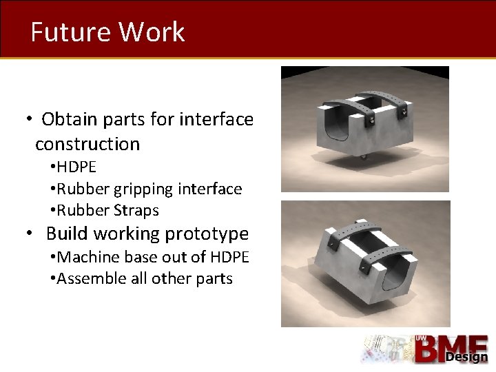 Future Work • Obtain parts for interface construction • HDPE • Rubber gripping interface