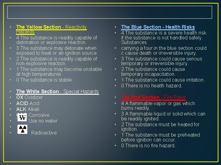  • The Yellow Section - Reactivity Hazards • 4 The substance is readily