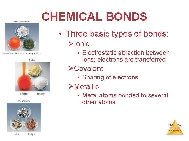 CHEMICAL BONDS • Three basic types of bonds: ØIonic • Electrostatic attraction between ions;