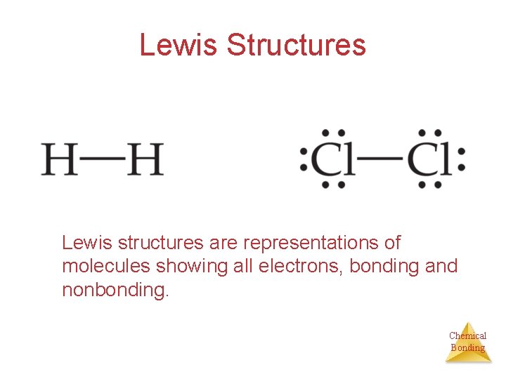 Lewis Structures Lewis structures are representations of molecules showing all electrons, bonding and nonbonding.