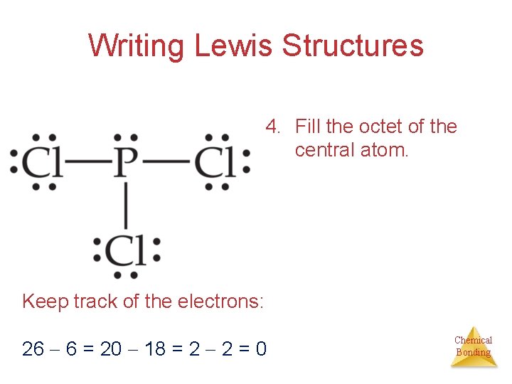 Writing Lewis Structures 4. Fill the octet of the central atom. Keep track of