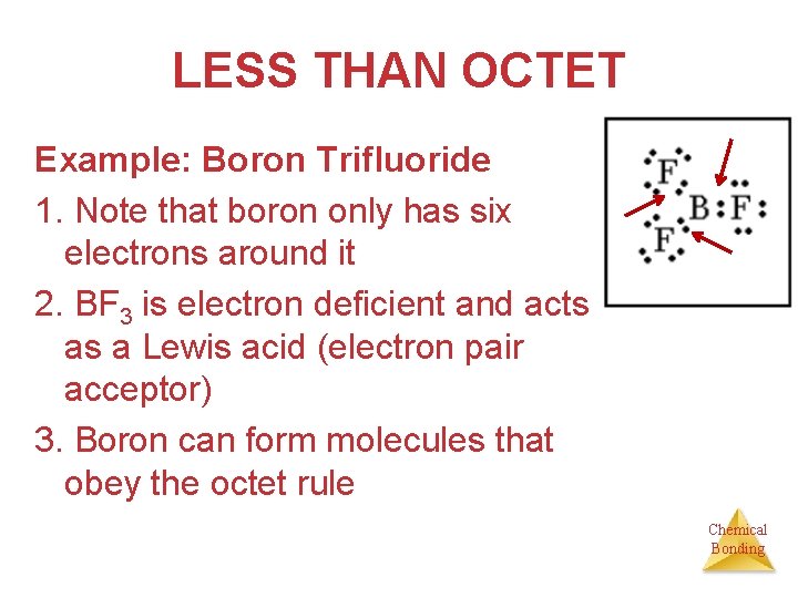 LESS THAN OCTET Example: Boron Trifluoride 1. Note that boron only has six electrons