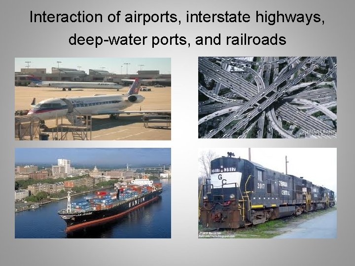 Interaction of airports, interstate highways, deep-water ports, and railroads 