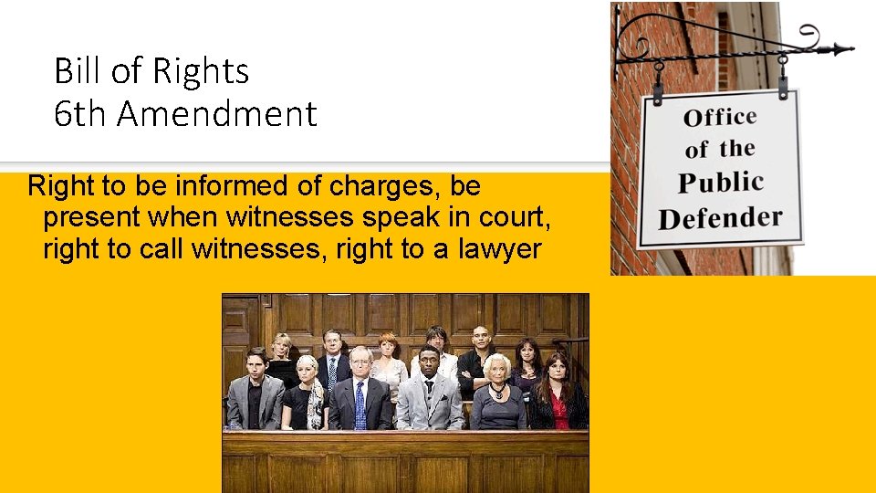 Bill of Rights 6 th Amendment Right to be informed of charges, be present