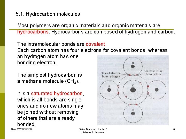 5. 1. Hydrocarbon molecules Most polymers are organic materials and organic materials are hydrocarbons.