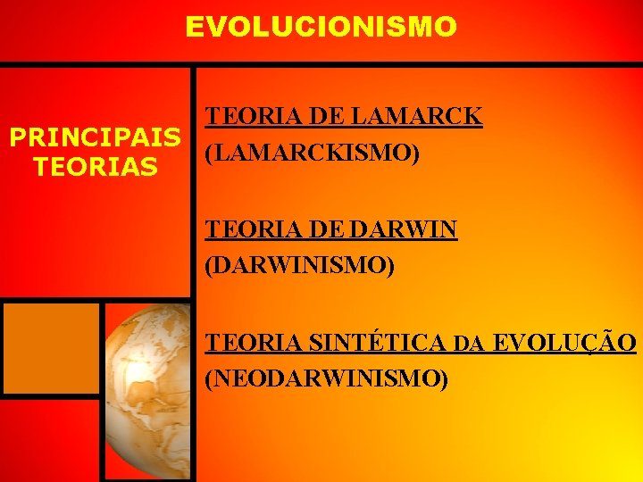 EVOLUCIONISMO TEORIA DE LAMARCK PRINCIPAIS (LAMARCKISMO) TEORIAS TEORIA DE DARWIN (DARWINISMO) TEORIA SINTÉTICA DA