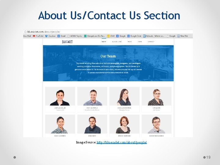 About Us/Contact Us Section Image Source: http: //bluecadet. com/about/people/ 19 