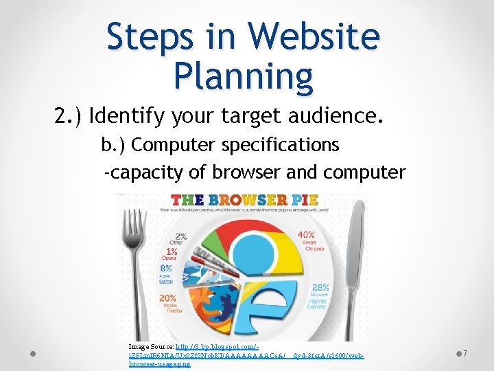 Steps in Website Planning 2. ) Identify your target audience. b. ) Computer specifications