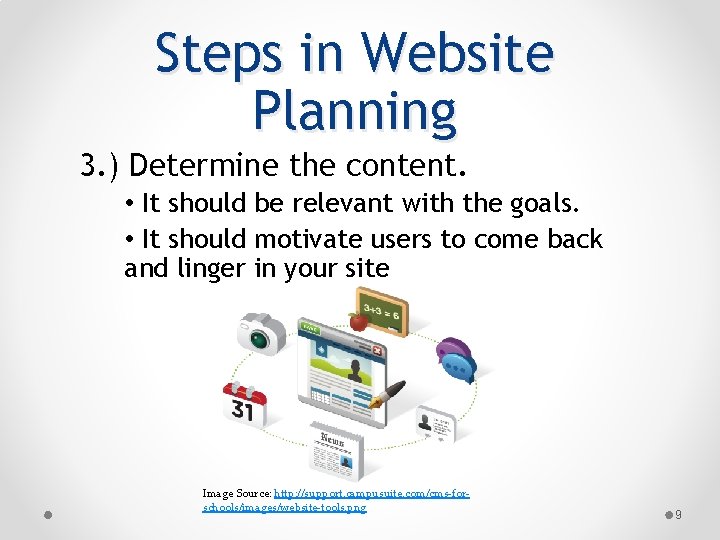 Steps in Website Planning 3. ) Determine the content. • It should be relevant