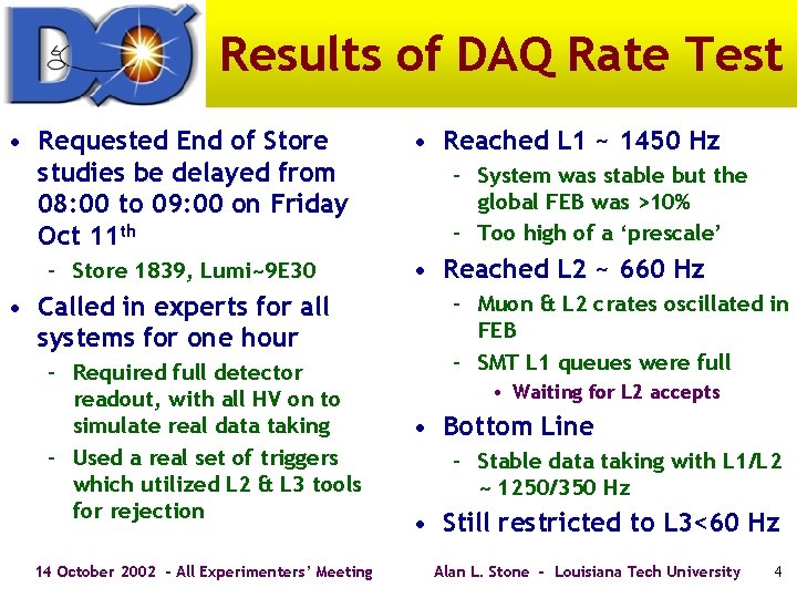 Results of DAQ Rate Test • Requested End of Store studies be delayed from