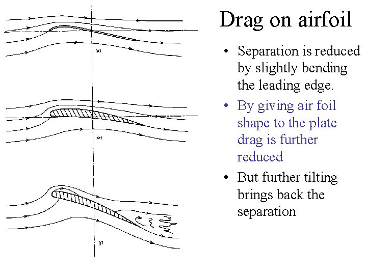 Drag on airfoil • Separation is reduced by slightly bending the leading edge. •