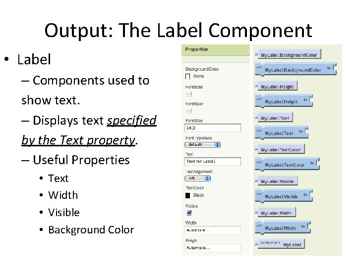 Output: The Label Component • Label – Components used to show text. – Displays Output: The Label Component • Label – Components used to show text. – Displays