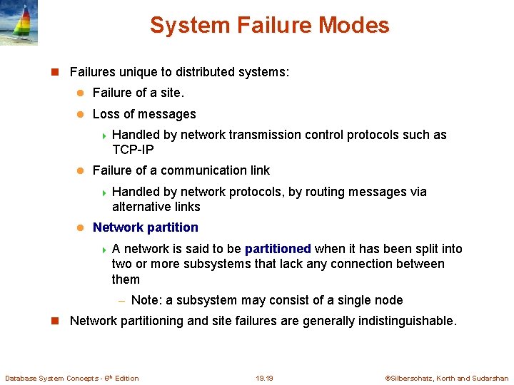 System Failure Modes Failures unique to distributed systems: l Failure of a site. l