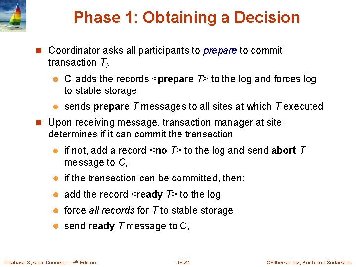 Phase 1: Obtaining a Decision Coordinator asks all participants to prepare to commit transaction