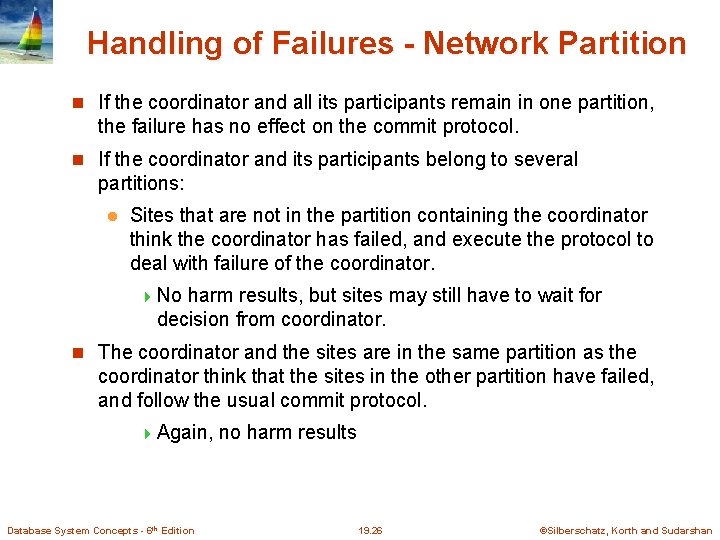 Handling of Failures - Network Partition If the coordinator and all its participants remain