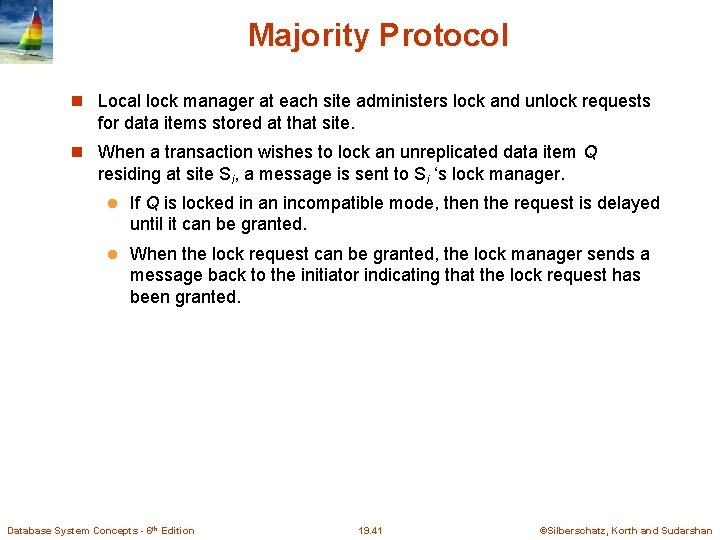 Majority Protocol Local lock manager at each site administers lock and unlock requests for