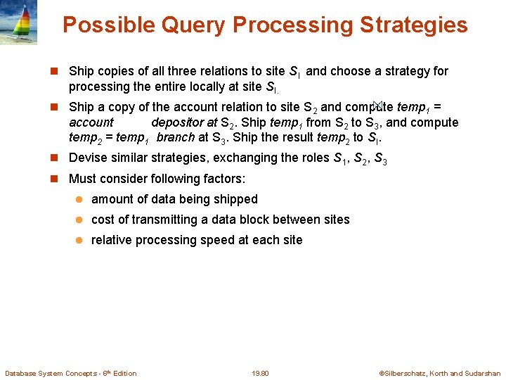 Possible Query Processing Strategies Ship copies of all three relations to site SI and