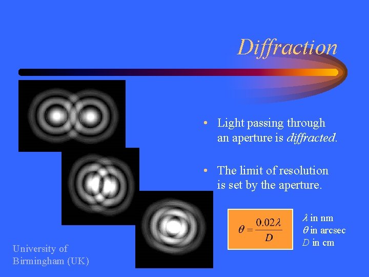 Diffraction • Light passing through an aperture is diffracted. • The limit of resolution