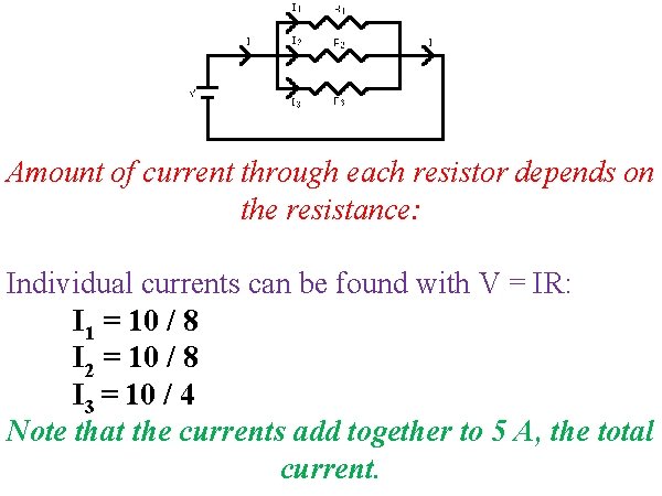 Amount of current through each resistor depends on the resistance: Individual currents can be