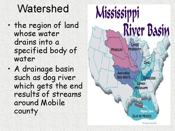 Watershed • the region of land whose water drains into a specified body of