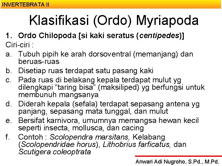 INVERTEBRATA II Klasifikasi (Ordo) Myriapoda 1. Ordo Chilopoda [si kaki seratus (centipedes)] Ciri ciri