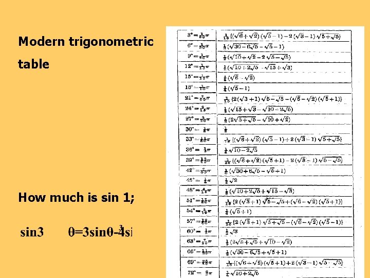 Modern trigonometric table How much is sin 1; 