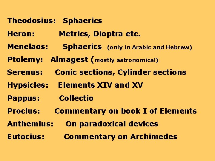 Theodosius: Heron: Metrics, Dioptra etc. Menelaos: Ptolemy: Sphaerics (only in Arabic and Hebrew) Almagest