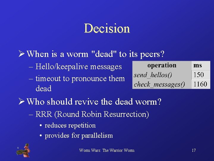 Decision Ø When is a worm "dead" to its peers? – Hello/keepalive messages –