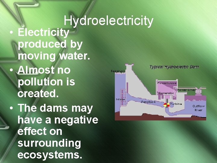 Hydroelectricity • Electricity produced by moving water. • Almost no pollution is created. •