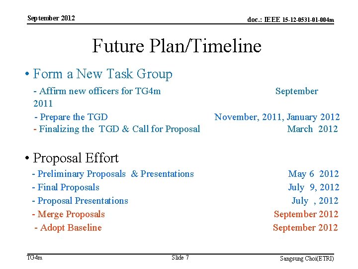 September 2012 doc. : IEEE 15 -12 -0531 -01 -004 m Future Plan/Timeline •