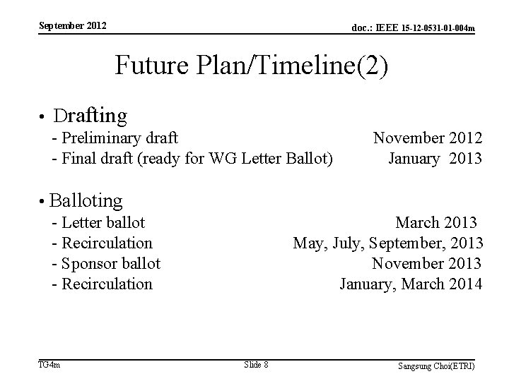 September 2012 doc. : IEEE 15 -12 -0531 -01 -004 m Future Plan/Timeline(2) •