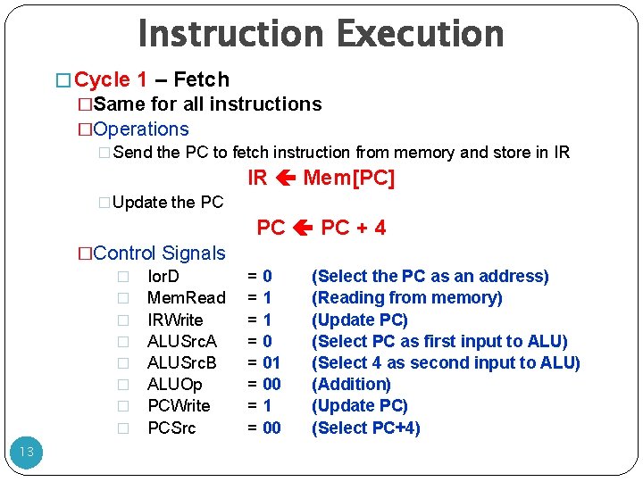 Instruction Execution � Cycle 1 – Fetch �Same for all instructions �Operations � Send