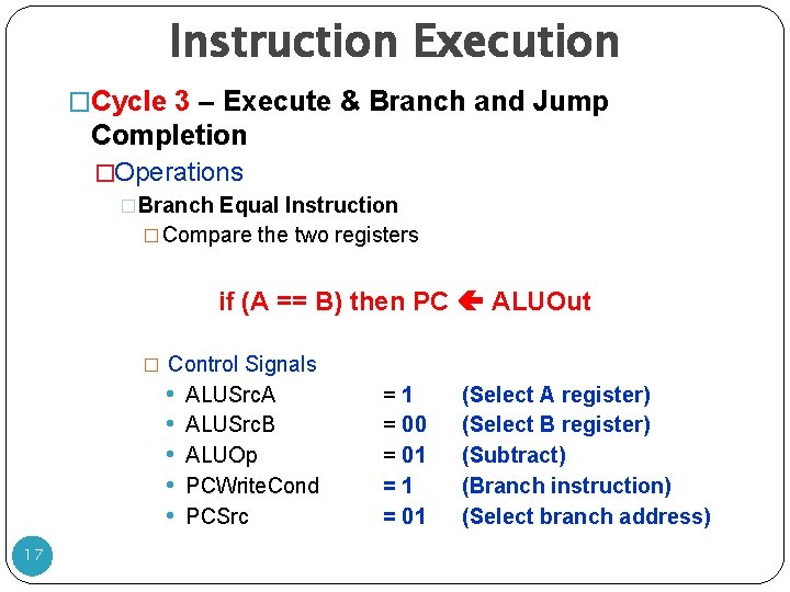 Instruction Execution �Cycle 3 – Execute & Branch and Jump Completion �Operations �Branch Equal
