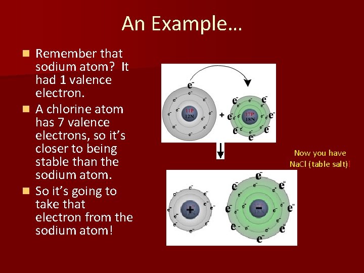 An Example… Remember that sodium atom? It had 1 valence electron. n A chlorine