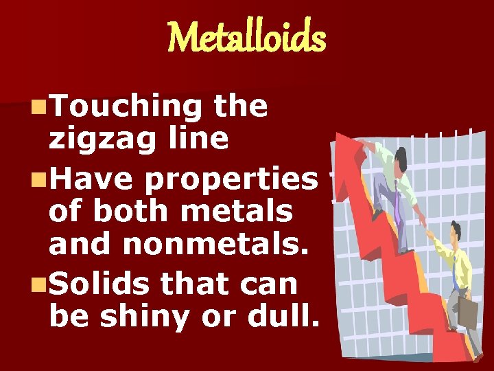 Metalloids n. Touching the zigzag line n. Have properties of both metals and nonmetals.