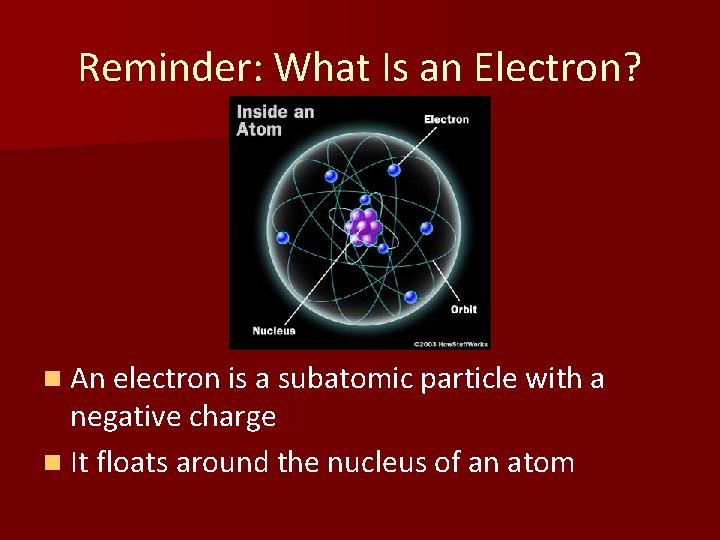 Reminder: What Is an Electron? n An electron is a subatomic particle with a