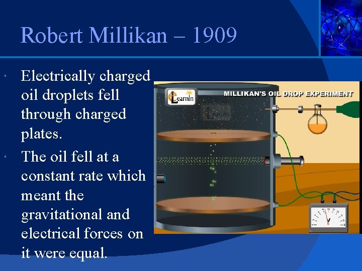 Robert Millikan – 1909 Electrically charged oil droplets fell through charged plates. The oil