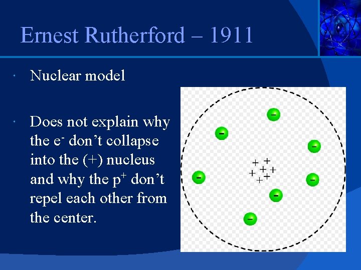 Ernest Rutherford – 1911 Nuclear model Does not explain why the e- don’t collapse