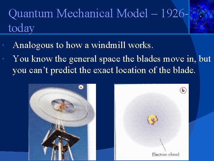 Quantum Mechanical Model – 1926 today Analogous to how a windmill works. You know