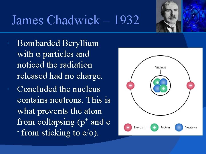 James Chadwick – 1932 Bombarded Beryllium with α particles and noticed the radiation released