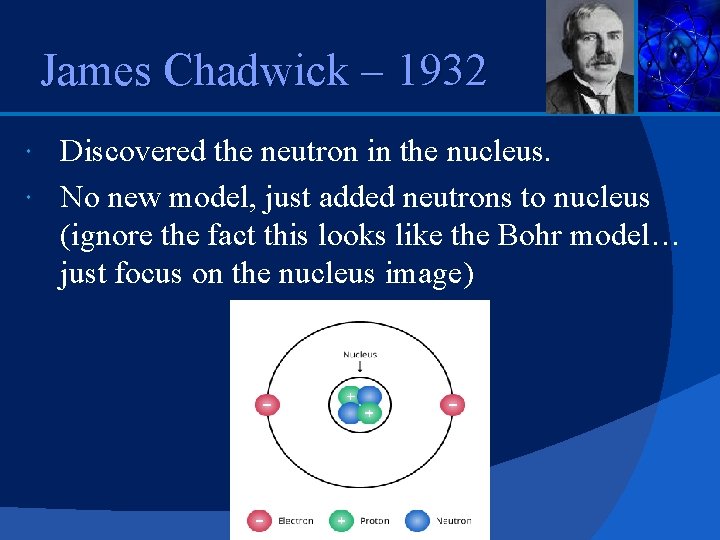 James Chadwick – 1932 Discovered the neutron in the nucleus. No new model, just