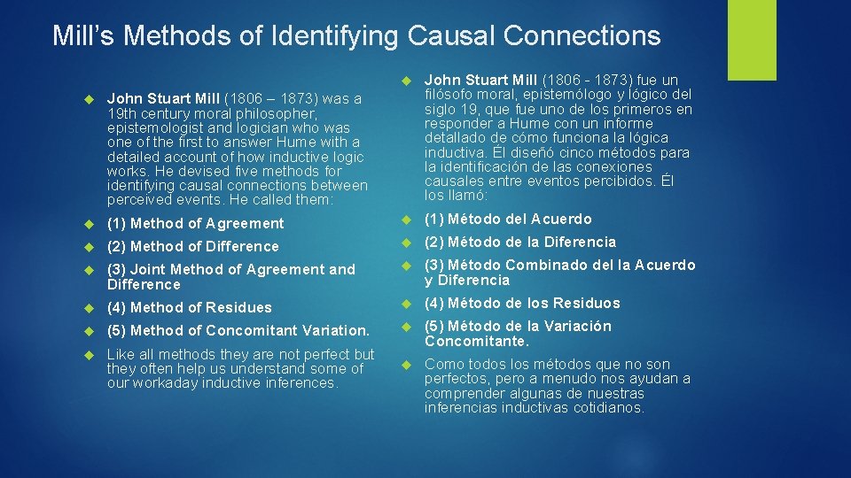 Mill’s Methods of Identifying Causal Connections John Stuart Mill (1806 - 1873) fue un